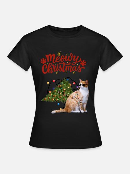 Lustige Weihnachtskatze - Frauen T-Shirt - Schwarz