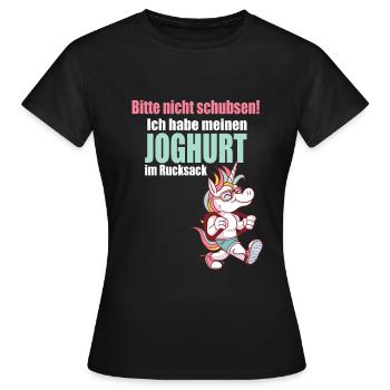 Einhorn Bitte nicht schubsen Joghurt im Rucksack - Frauen T-Shirt - Schwarz - Vorne - AI Model Female 172 dark (172cm)
