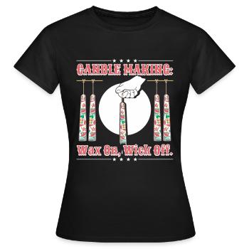 Fabrication de bougies : cire, mèche enlevée. - T-shirt Femme - noir - Devant - AI Model Female 172 dark (172cm)