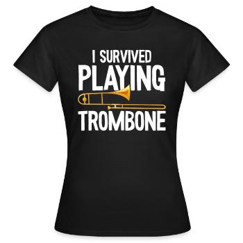 I Survived Playing Trombone Trumpet Band Music - Frauen T-Shirt - Schwarz - Vorne - AI Model Female 172 dark (172cm)
