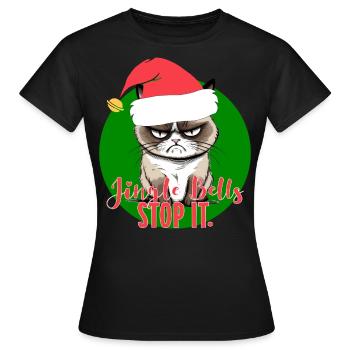 Cat Jingle bells Stop it xmas santa hat Katze - Frauen T-Shirt - Schwarz - Vorne - AI Model Female 172 dark (172cm)
