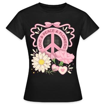 Frieden-Symbol Friedenszeichen, Love-Peace-Flowers - Frauen T-Shirt - Schwarz - Vorne - AI Model Female 172 dark (172cm)