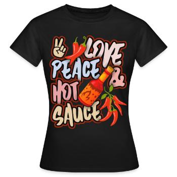 Pepperoni, Pfeffer scharfe Soße, Peace-and-Love - Frauen T-Shirt - Schwarz - Vorne - AI Model Female 172 dark (172cm)