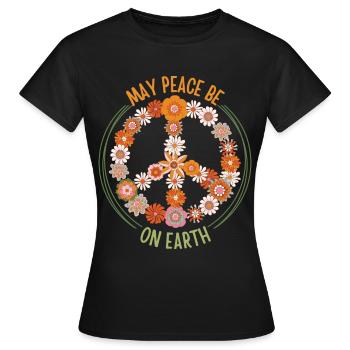 Frieden-Symbol mit Blumen, groovy 70er Jahre Stil - Frauen T-Shirt - Schwarz - Vorne - AI Model Female 172 dark (172cm)