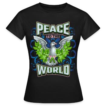 Frieden, Frieden-Spruch mit Friedenstaube - Frauen T-Shirt - Schwarz - Vorne - AI Model Female 172 dark (172cm)