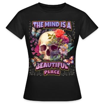Skull Totenkopf Schädel mit Vintage Blumen, Spruch - Frauen T-Shirt - Schwarz - Vorne - AI Model Female 172 dark (172cm)