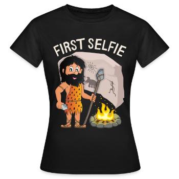 Drôle de Néandertal, premier selfie, dicton, jeu de mots - T-shirt Femme - noir - Devant - AI Model Female 172 dark (172cm)