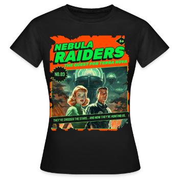 Nebula Raiders, 50s, 1950's Comic, Space - Women's T-Shirt - black - Front - AI Model Female 172 dark (172cm)