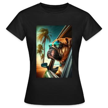 Englische Bulldogge Sonnenbrille Strand Palmen - Frauen T-Shirt - Schwarz - Vorne - AI Model Female 172 dark (172cm)