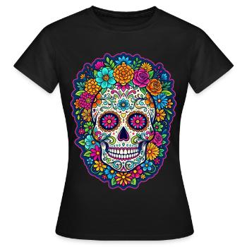 Tête de mort mexicaine sugar skull crâne fleurs - T-shirt Femme - noir - Devant - AI Model Female 172 dark (172cm)