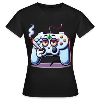 A gamepad that smokes a cannabis joint - Women's T-Shirt - black - Front - AI Model Female 172 dark (172cm)
