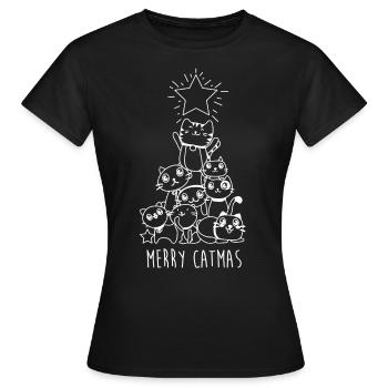 Merry Catmas Christmas Cat Tree Meowy Kitten X-Mas - Frauen T-Shirt - Schwarz - Vorne - AI Model Female 172 dark (172cm)