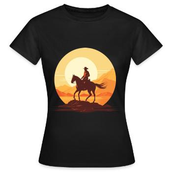 Cowboy sur son cheval au couché de soleil - T-shirt Femme - noir - Devant - AI Model Female 172 dark (172cm)