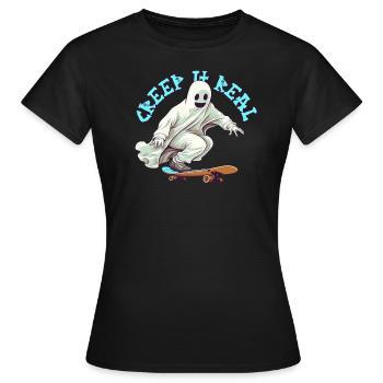 Drôle de fantôme de skateboard avec jeu de mots d’Halloween - T-shirt Femme - noir - Devant - AI Model Female 172 dark (172cm)