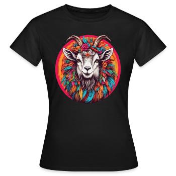 Billy goat with feather headdress and flowers - Women's T-Shirt - black - Front - AI Model Female 172 dark (172cm)