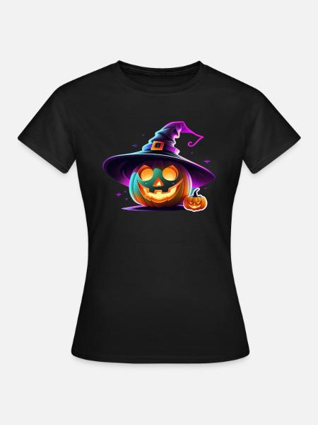 Halloween - Kürbis Neon Hexenhut - Frauen T-Shirt - Schwarz