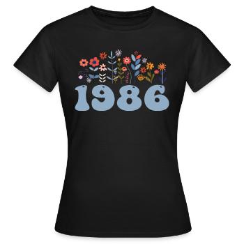 1986 Blumenmuster 1986 Blumen-thema Blumen 1986 - Frauen T-Shirt - Schwarz - Vorne - AI Model Female 172 dark (172cm)