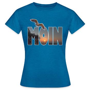 Moin (Motiv: St. Peter Ording) - Frauen T-Shirt - Antikblaues Saphir meliert - Vorne - AI Model Female 172 dark (172cm)