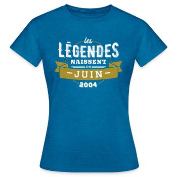Les légendes naissent en juin 2004 - T-shirt Femme - bleu saphir antique chiné - Devant - AI Model Female 172 dark (172cm)