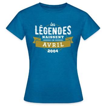 Les légendes naissent en avril 2004 - T-shirt Femme - bleu saphir antique chiné - Devant - AI Model Female 172 dark (172cm)