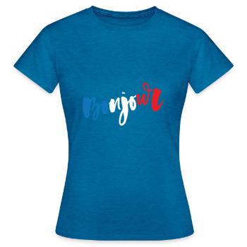 France - Drapeau - Bonjour - T-shirt Femme - bleu saphir antique chiné - Devant - AI Model Female 172 dark (172cm)