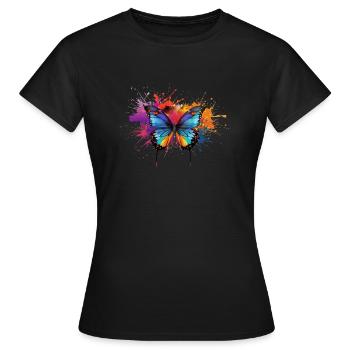 Bunter Schmetterling mit Farbspritzern - Frauen T-Shirt - Schwarz - Vorne - AI Model Female 172 dark (172cm)