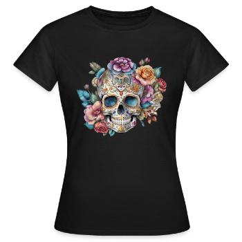 skull, romantisch, blume, vintage, rose, tatoo art - Frauen T-Shirt - Schwarz - Vorne - AI Model Female 172 dark (172cm)