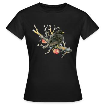 Liebevoll gemalte Amsel auf einem Apfelzweig - Frauen T-Shirt - Schwarz - Vorne - AI Model Female 172 dark (172cm)
