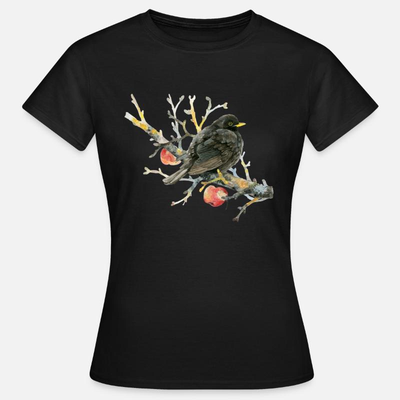 Lovingly painted blackbird on an apple branch - Women's T-Shirt - black