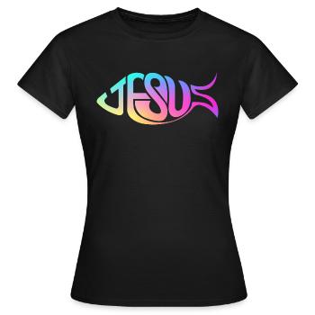 Jesus Fisch Regenbogen - Frauen T-Shirt - Schwarz - Vorne - AI Model Female 172 dark (172cm)