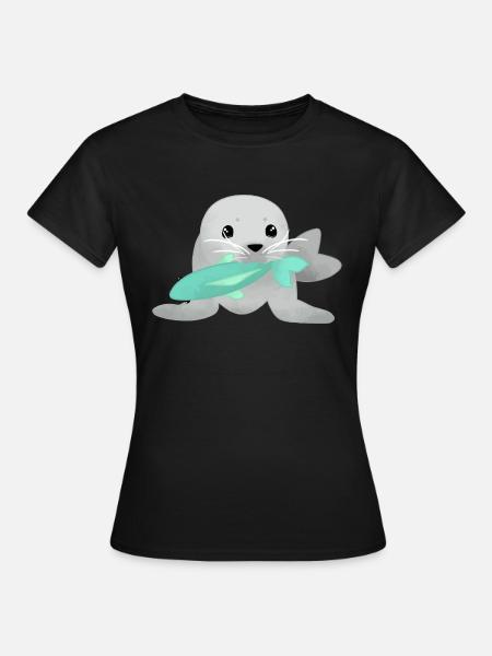 Robbe mit Fisch - Frauen T-Shirt - Schwarz