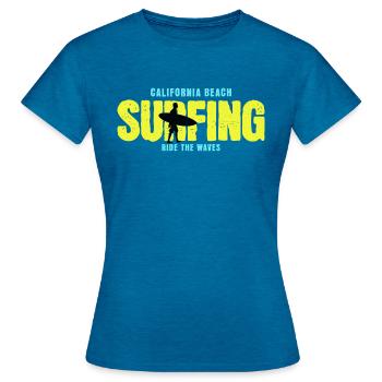 Surfing Ride the Waves Design - Frauen T-Shirt - Antikblaues Saphir meliert - Vorne - AI Model Female 172 dark (172cm)