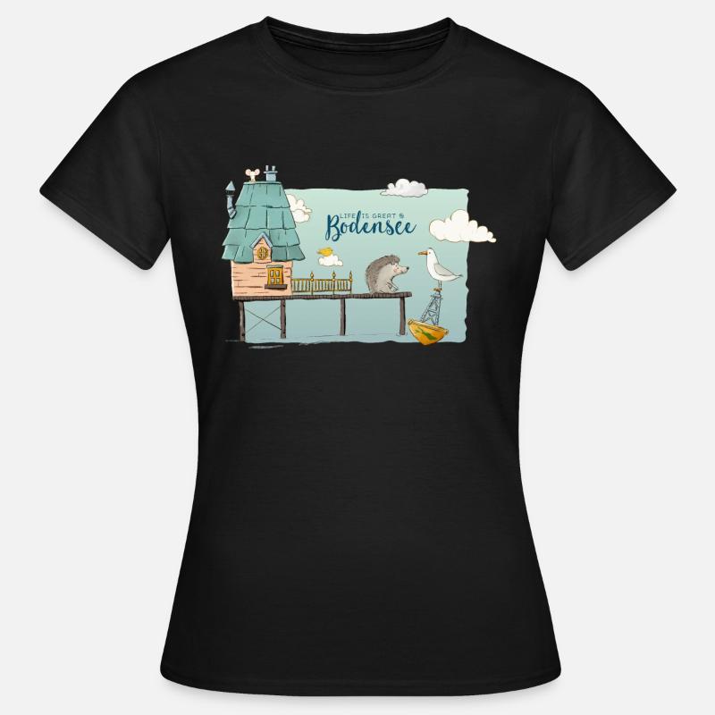 Pfahlbauten Bodensee - Süßes Motiv mit Igel & Möwe - Frauen T-Shirt - Schwarz