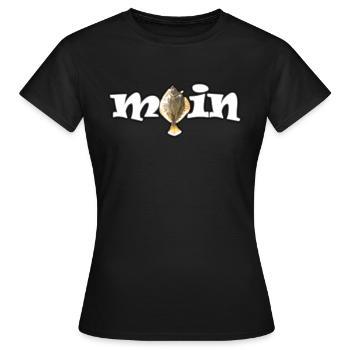MOIN - SCHOLLE // Schriftzug mit Plattfisch - Frauen T-Shirt - Schwarz - Vorne - AI Model Female 172 dark (172cm)