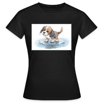 Happy dog playing in a rain puddle - Women's T-Shirt - black - Front - AI Model Female 172 dark (172cm)