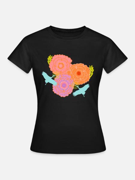 Pfingstrose und Kräne - Frauen T-Shirt - Schwarz