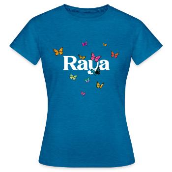 RAYA - Schöner Mädchen Name mit Schmetterlingen - Frauen T-Shirt - Antikblaues Saphir meliert - Vorne - AI Model Female 172 dark (172cm)
