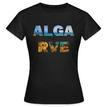 Lettrage de l’Algarve avec remplissage de paysage océanique - T-shirt Femme - noir - Devant - AI Model Female 172 dark (172cm)