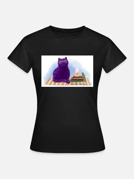 Katze, Bücher und Tee - Frauen T-Shirt - Schwarz