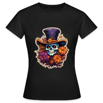 Totenkopf mit Blumen und Hut Halloween - Frauen T-Shirt - Schwarz - Vorne - AI Model Female 172 dark (172cm)