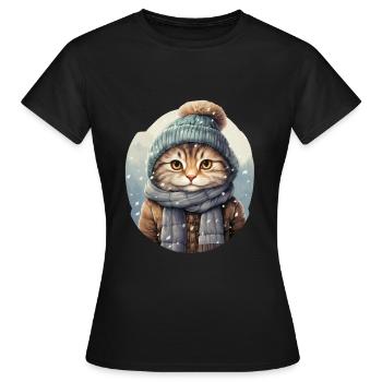 Katze im Winter mit Mütze, Schal und Jacke - Frauen T-Shirt - Schwarz - Vorne - AI Model Female 172 dark (172cm)