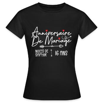 Anniversaire de mariage 16 ans - Noces de Saphir - T-shirt Femme - noir - Devant - AI Model Female 172 dark (172cm)