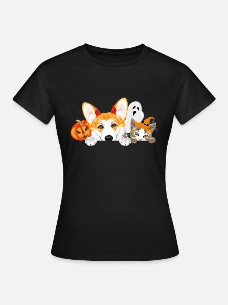 Spähender Corgi und Katze mit Halloween-Accessoires - Frauen T-Shirt - Schwarz