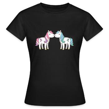 zwei niedliche Einhörner, die Rosa und Aqua küssen - Frauen T-Shirt - Schwarz - Vorne - AI Model Female 172 dark (172cm)