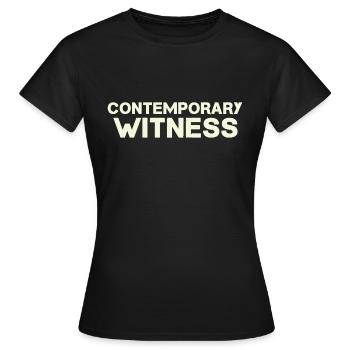 Contemporary witness text in beige - Women's T-Shirt - black - Front - AI Model Female 172 dark (172cm)