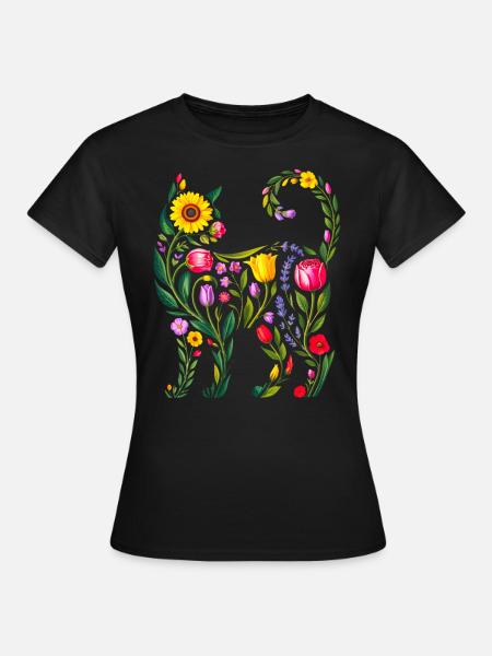 Silhouette Chat Floral Femmes - T-shirt Femme - noir