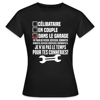 Celibataire en couple dans le garage - T-shirt Femme - noir - Devant - AI Model Female 172 dark (172cm)