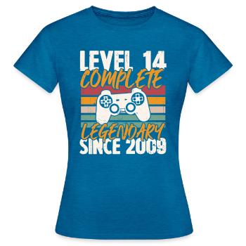 Geburtstagsgeschenk, Level 14 Complete 2009 - Frauen T-Shirt - Antikblaues Saphir meliert - Vorne - AI Model Female 172 dark (172cm)