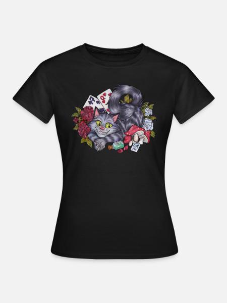 Alice im Wunderland Grinsekatze mit Rosen Karten - Frauen T-Shirt - Schwarz