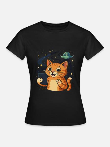 Weltraum Katze mit Alien UFO - Dame-T-shirt - sort